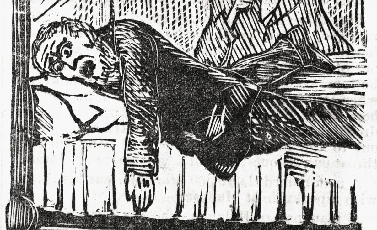 A lino-print of a bearded man truly losing his mind in bed.