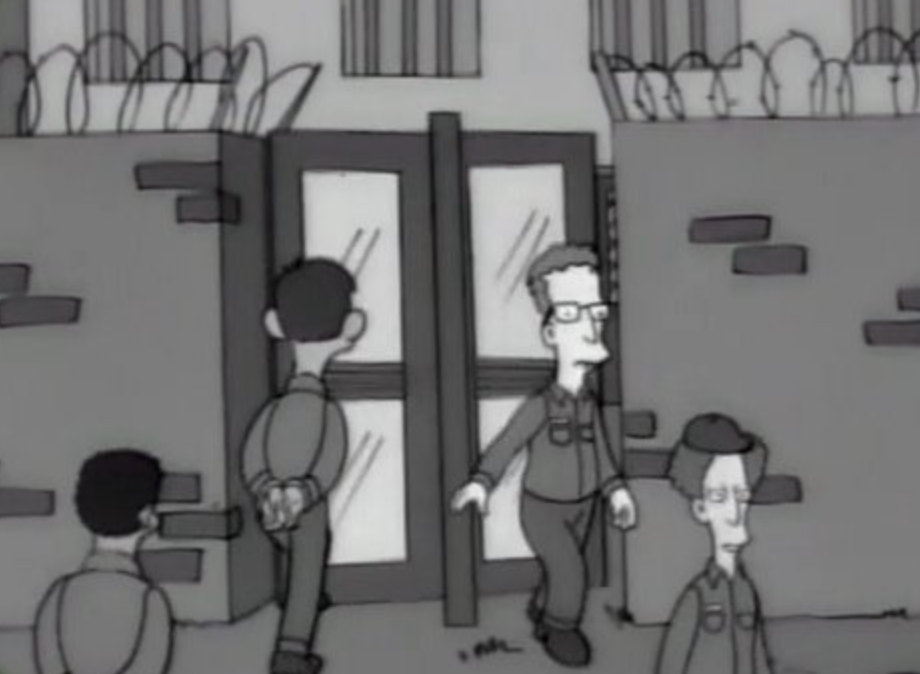 A still from The Simpsons, featuring a prison with a revolving door – people walk in and immediately find freedom.