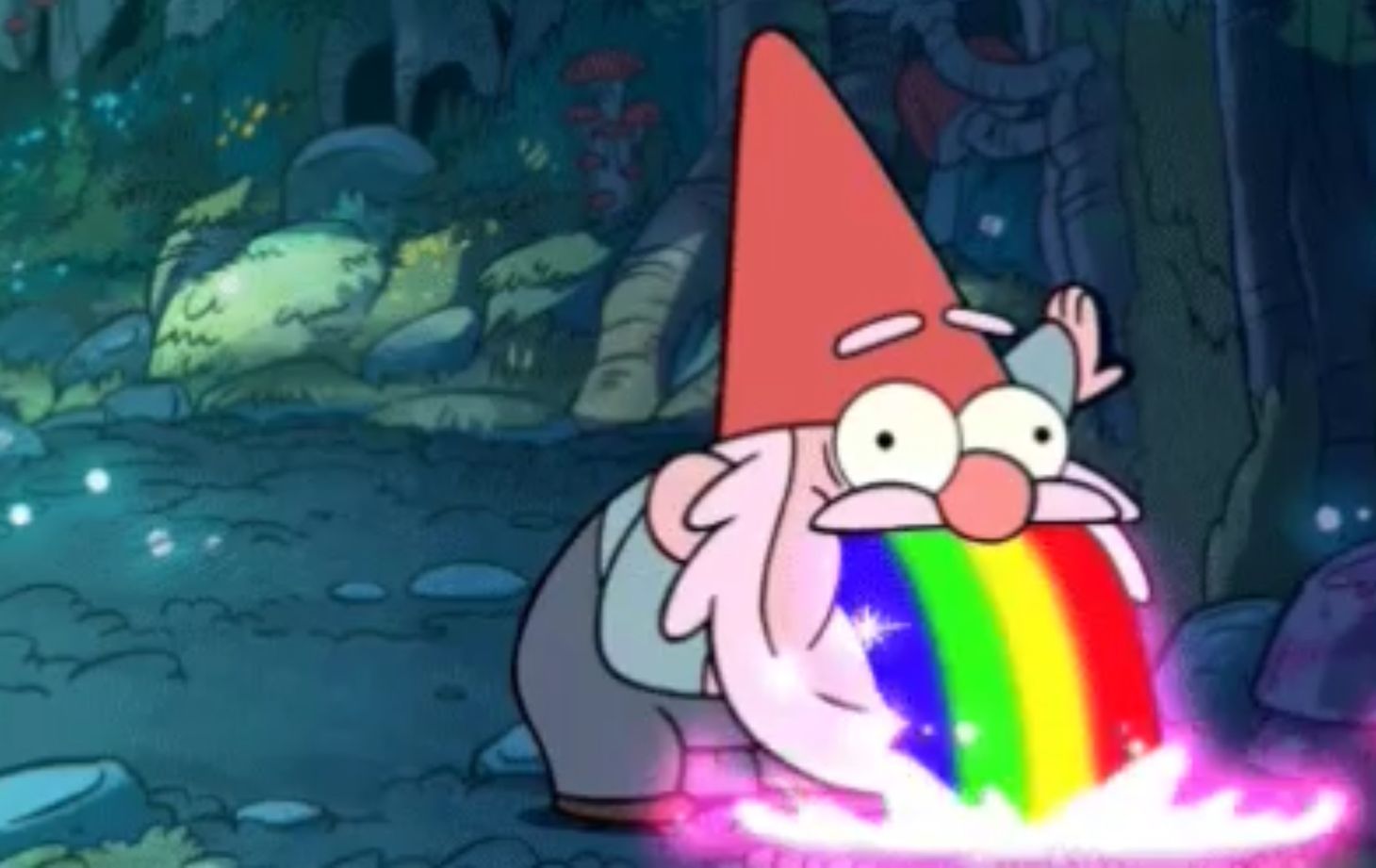 A cartoon gnome vomiting up a rainbow.