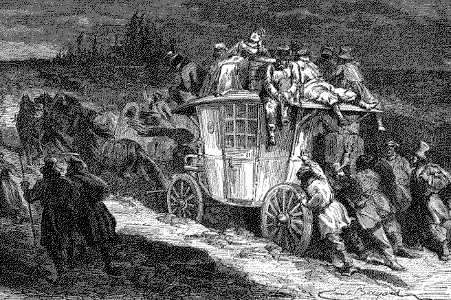 5 people push a carriage bogged in mud while 7 people sit atop said carriage.