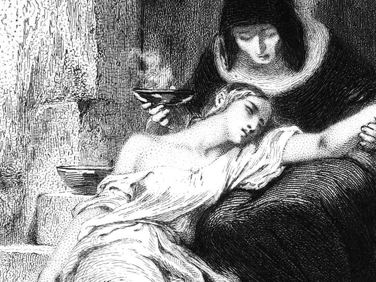 A unwell woman lying in the lap of a person dressed in black, who's holding a bowl of soup.